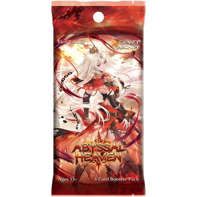 A first edition booster pack of Grand Archive TCG Abyssal Heaven by Weebs of the Shore, featuring colorful card artwork on the pack.
