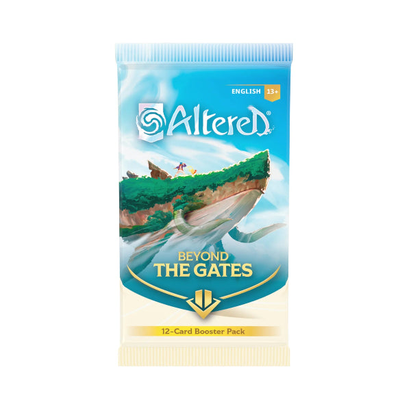 Altered: Beyond the Gates booster pack by Equinox featuring trading cards with fantasy artwork and game icons.