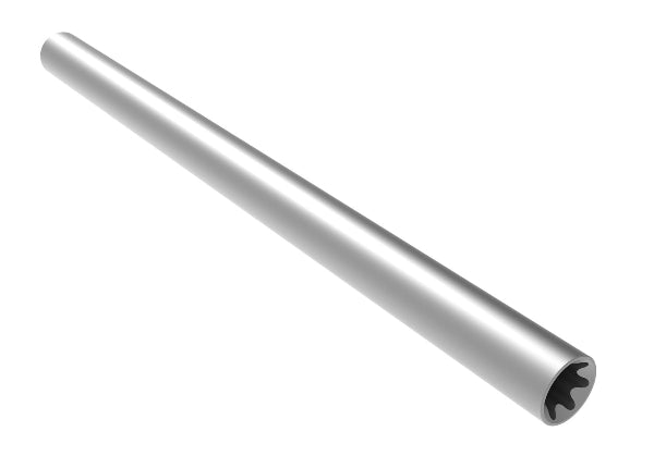 Traxxas aluminum center driveshaft for RC truck, showing polished metal construction and precise fit for durable performance.