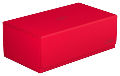 Red Ultimate Guard Arkhive 800+ XenoSkin monocolor card storage box with secure lid for organizing trading cards.