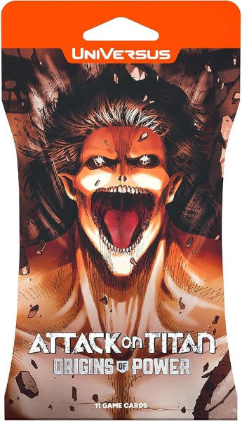 Attack on Titan Origins of Power blister pack by UVS Games featuring collectible game cards and character artwork.