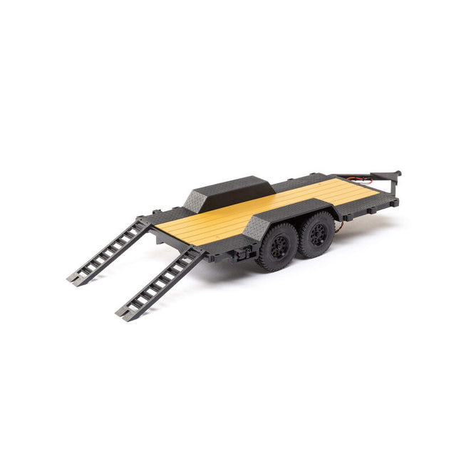 Axial SCX24 flat bed vehicle trailer with LED taillights, detailed miniature RC trailer for off-road models.