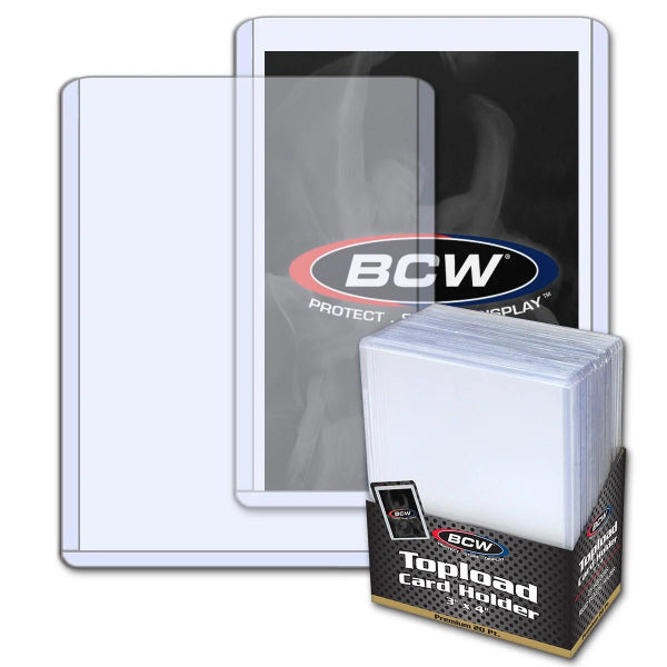 Clear BCW 3x4 premium standard toploaders for card protection, showcasing the rigid plastic sleeves on a white background.