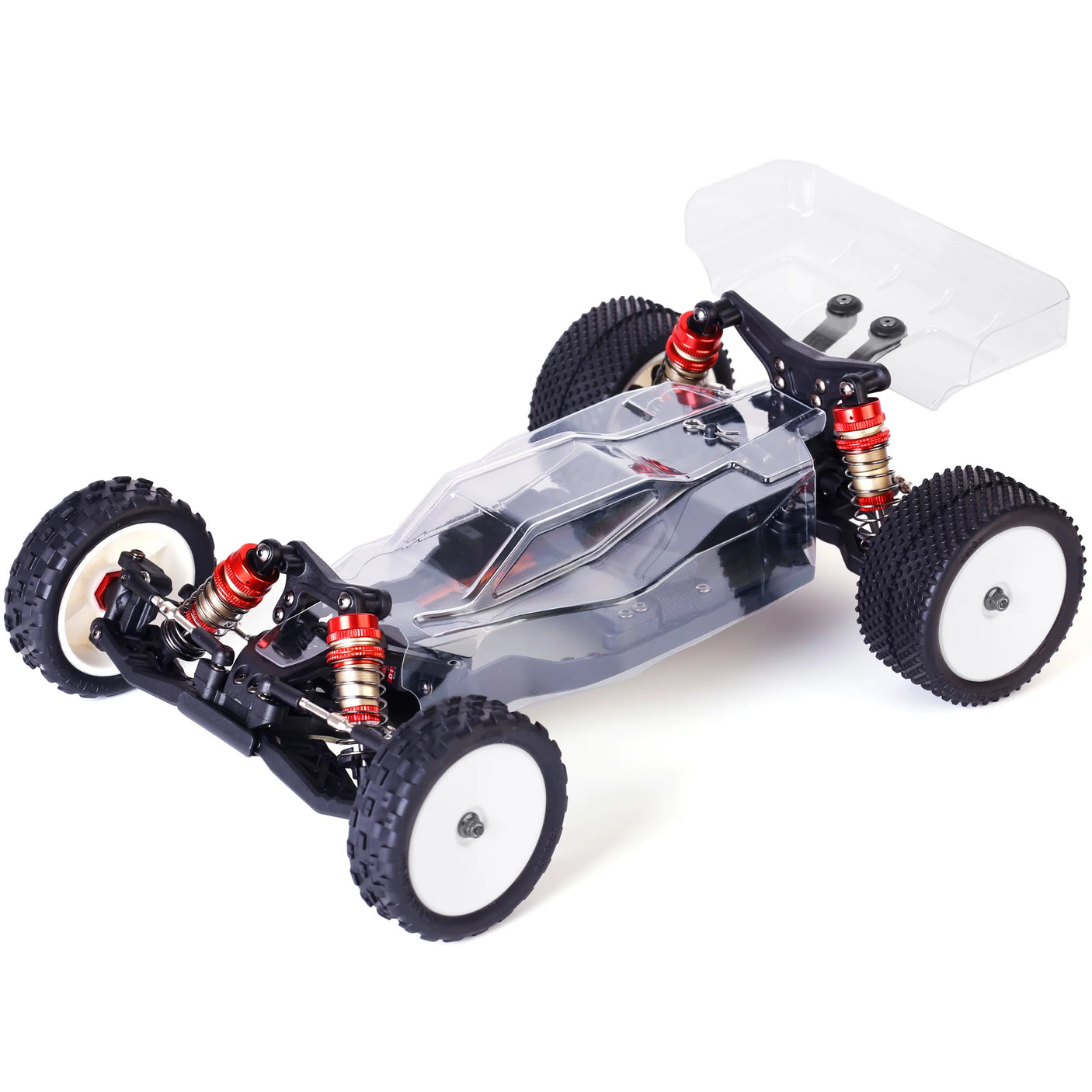 LC Racing BHC-1 1/14 scale 2WD buggy kit showing assembled chassis and suspension components on a white background.