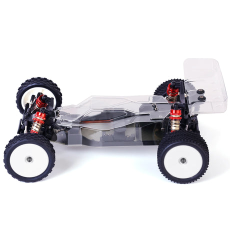 LC Racing BHC-1 1/14 2WD Buggy Kit with assembled chassis, suspension parts, and detailed components on a white background.
