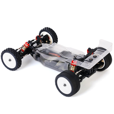 LC Racing BHC-1 1/14 scale 2WD buggy kit with various parts and chassis components for RC racing and assembly.