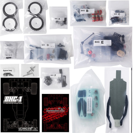 LC Racing BHC-1 1/14 scale 2WD buggy kit with detailed chassis and components, ready for assembly and customization.