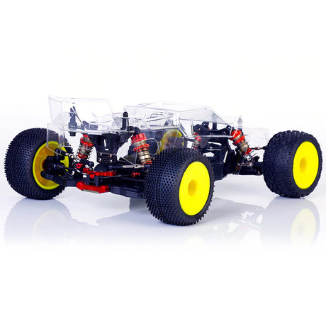 LC Racing BHC-1ST 1/14 scale 2WD stadium truck kit, showing assembled chassis with detailed parts and suspension components.