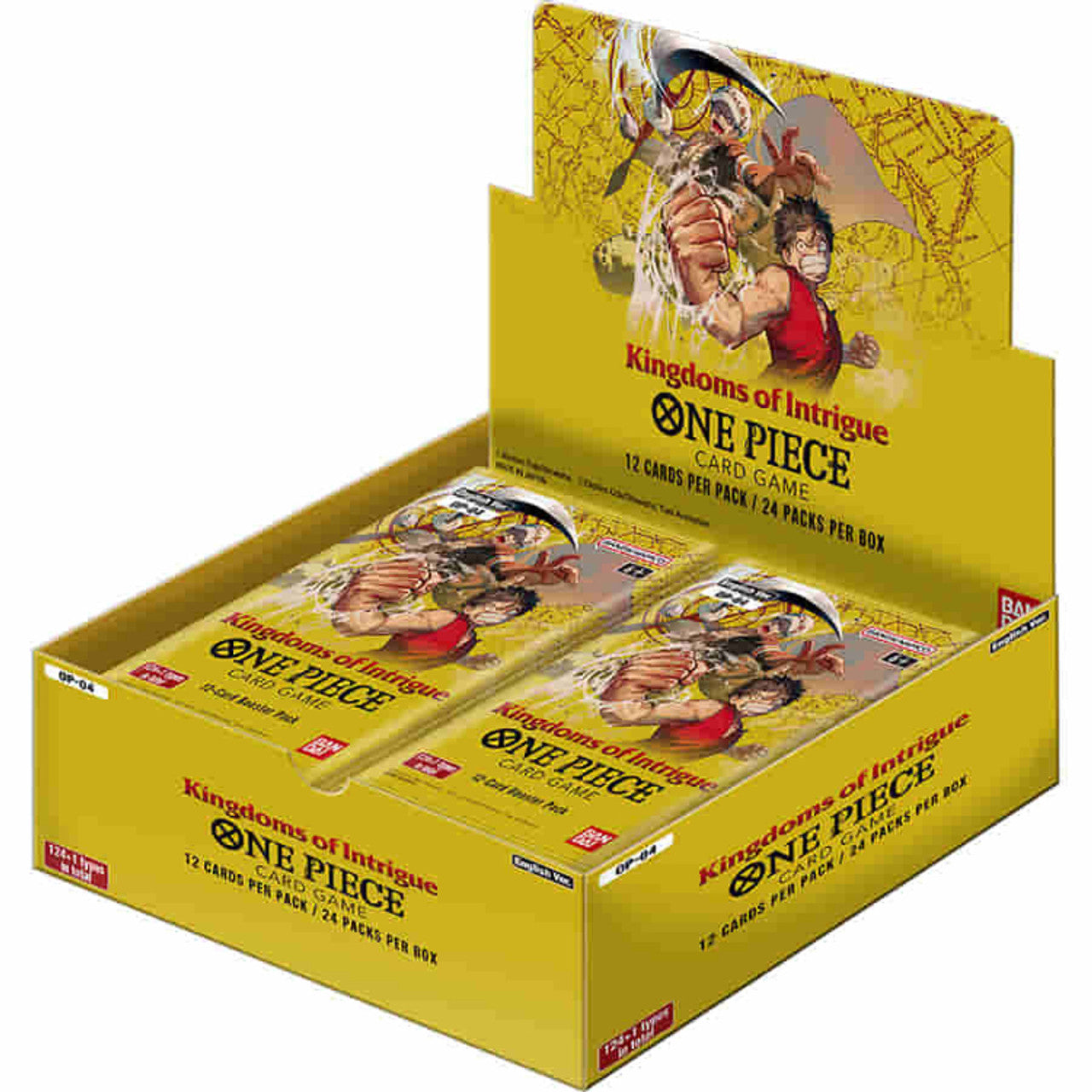 Bandai One Piece TCG Kingdoms of Intrigue Booster Box with colorful trading card packaging and artwork.