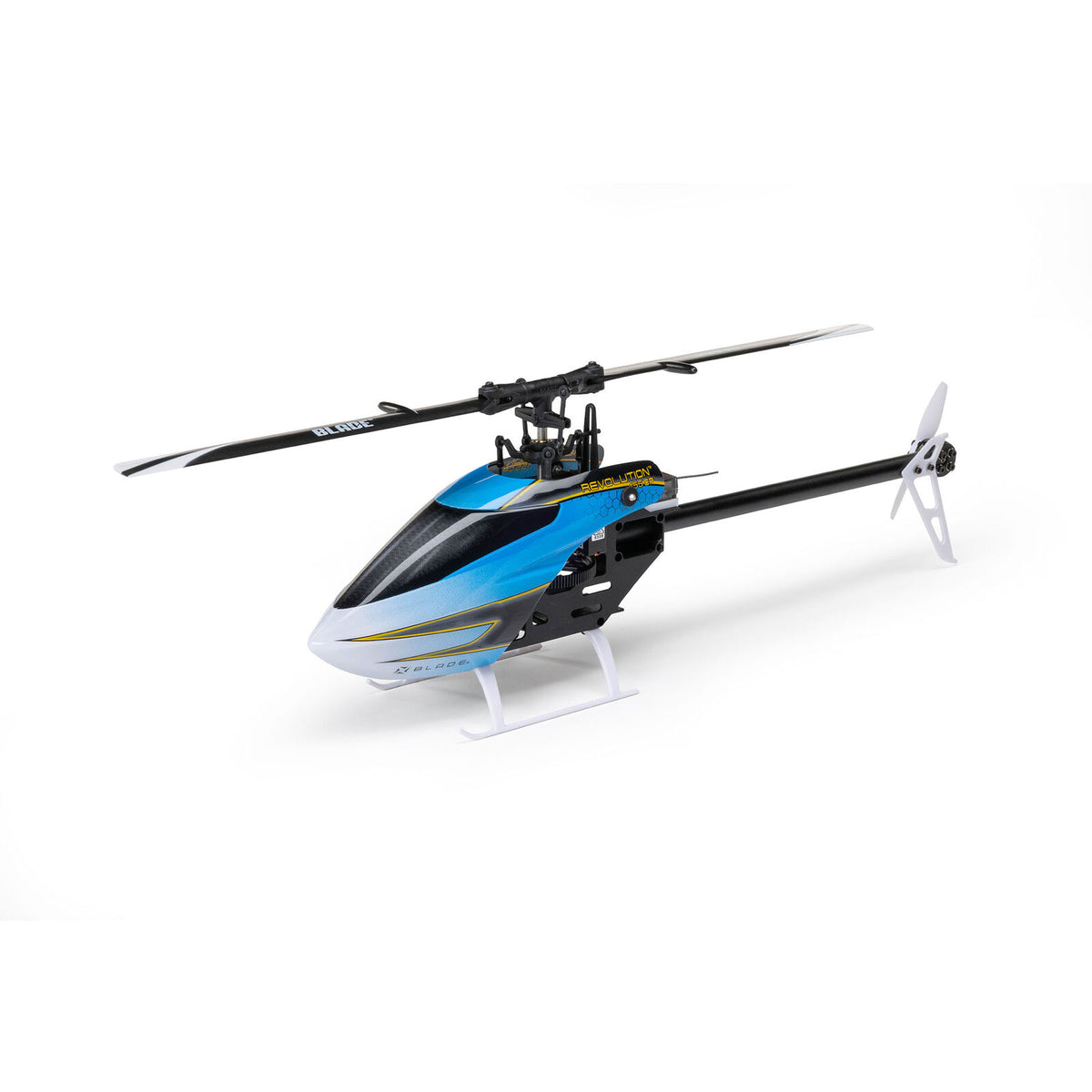 Blade Revolution 155 CP RTF with SAFE drone in flight, showing sleek design and propeller guards against a clear sky.