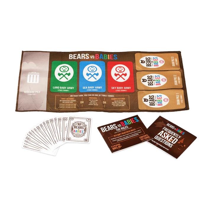 Cards from the Bears vs Babies card game by Exploding Kittens, featuring colorful, humorous illustrations in the box.