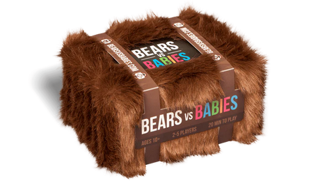 Illustration of Bears vs Babies game box featuring colorful bears and babies, with shadows and vibrant artwork by Exploding Kittens.