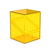 Clear amber Ultimate Guard Boulder 100+ deck case for card storage, featuring durable plastic construction and secure lid.