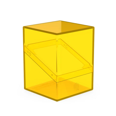 Clear amber Ultimate Guard Boulder 100+ deck case for card storage, featuring durable plastic construction and secure lid.