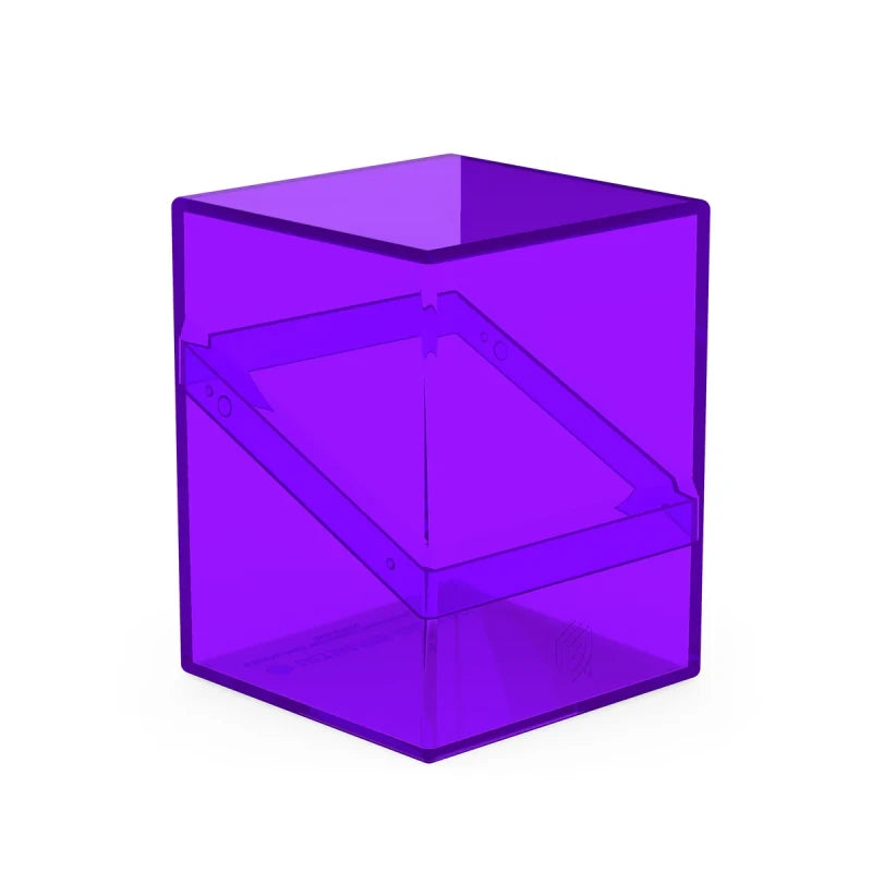 Clear Ultimate Guard Boulder 100+ deck case for card storage, featuring a purple amethyst design and secure lid.