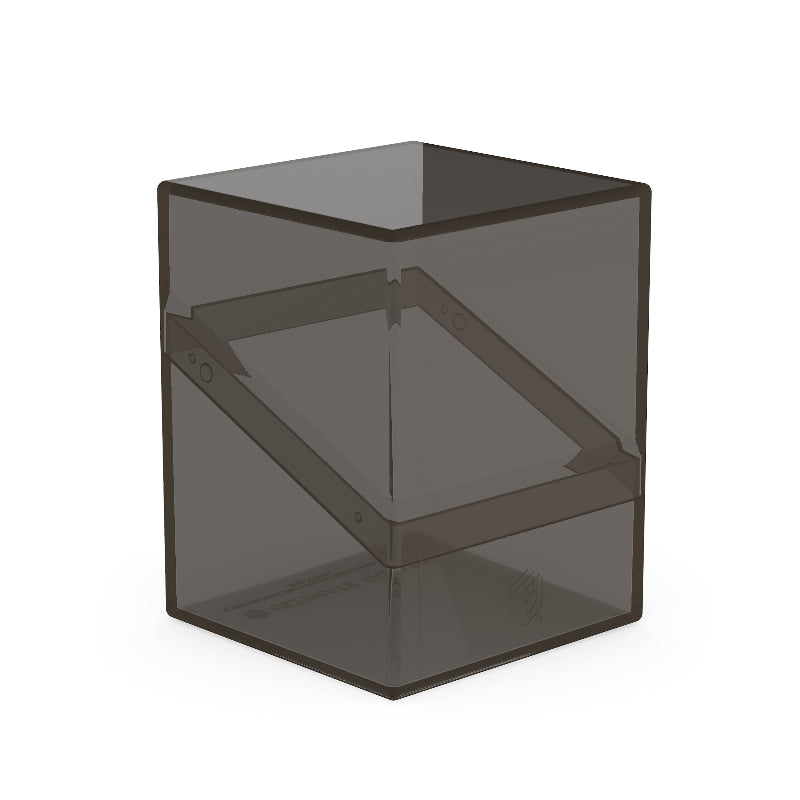 Clear onyx Ultimate Guard Boulder 100+ deck case for card storage, showing a sturdy, transparent protective card case with a secure latch.