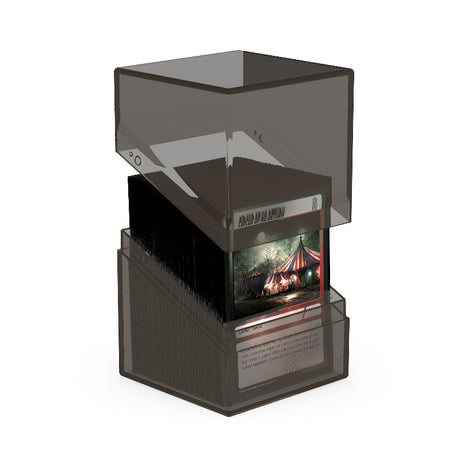 Clear and black Ultimate Guard Boulder 100+ deck case for card storage, featuring a sturdy design and secure lid.