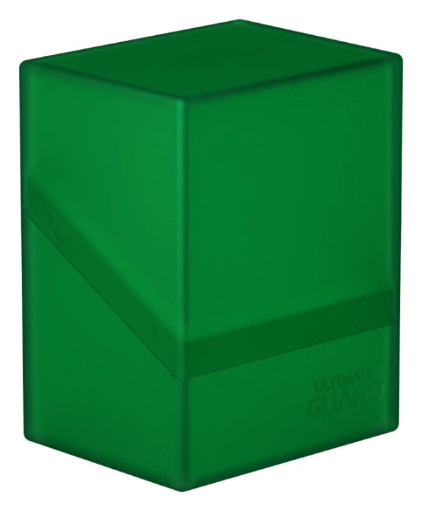 Green Ultimate Guard Boulder 80+ deck case for card storage, featuring a durable, protective design for trading card collections.