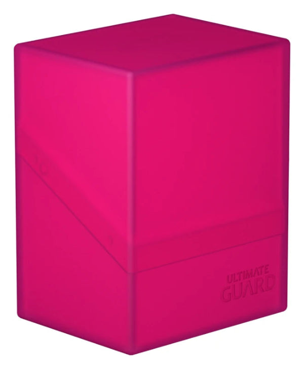 Pink Ultimate Guard Boulder 80+ deck case for card storage, featuring a durable design and secure closure for trading card protection.