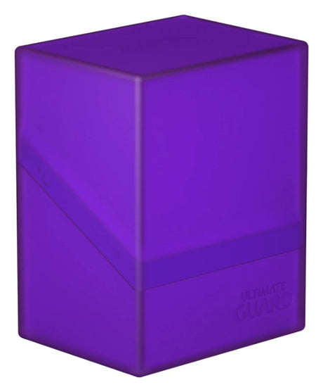 Purple Ultimate Guard Boulder 80+ deck case for card storage, featuring a durable design and secure lid for collectible cards.
