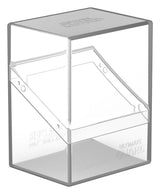 Transparent Ultimate Guard Boulder 80+ deck case for card storage, featuring durable plastic construction and secure lid.