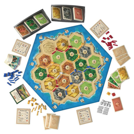 Catan 6th Edition game box by Catan Studio featuring colorful island map and resource tokens on the cover.