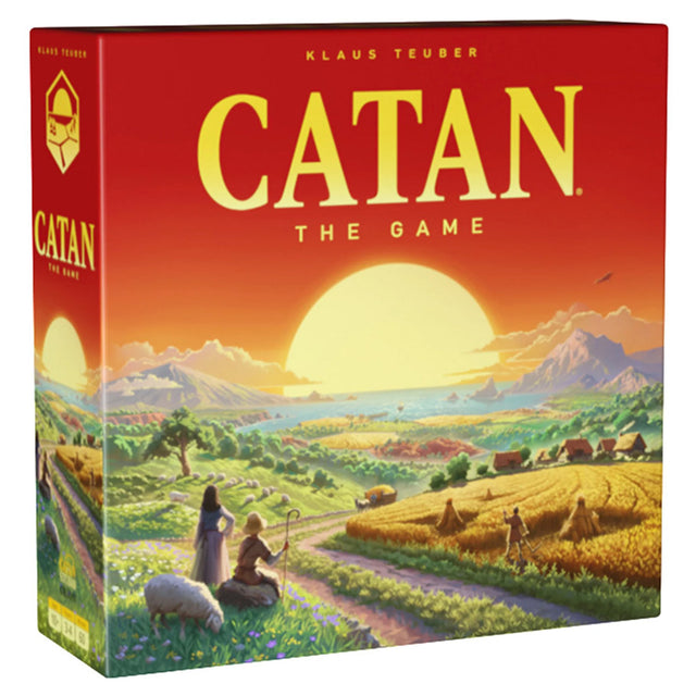 3D image of the Catan 6th Edition board game box by Catan Studio, featuring colorful island terrain and game title.
