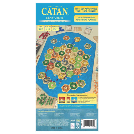 Back of Catan Seafarers 5-6 Player Expansion 6th Edition box showing artwork and product details for Catan Studio.