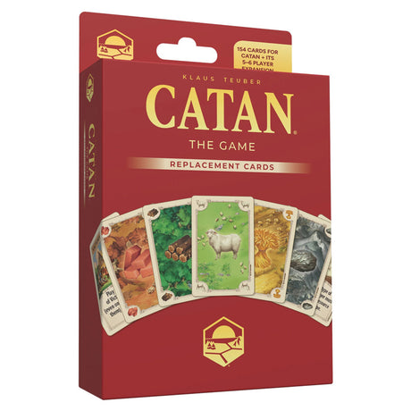 Catan 6th Edition replacement cards from Catan Studio, featuring colorful resource and development cards on a white background.