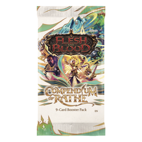Flesh and Blood: Compendium of Rathe booster pack of collectible trading cards by Legends Story Studios, showing colorful card designs.