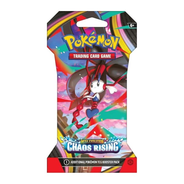 Pokémon TCG Chaos Rising sleeved booster pack featuring vibrant Pokémon artwork and branding on the packaging.