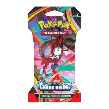 Pokémon TCG Chaos Rising sleeved booster pack featuring vibrant Pokémon artwork and branding on the packaging.