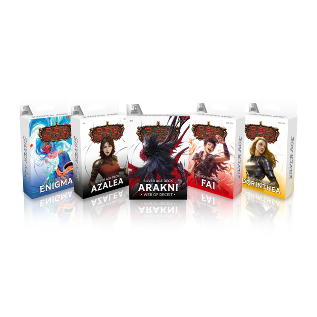 Flesh and Blood Silver Age Chapter 2 Starter Decks collectible trading cards by Legends Story Studios displayed in the image.