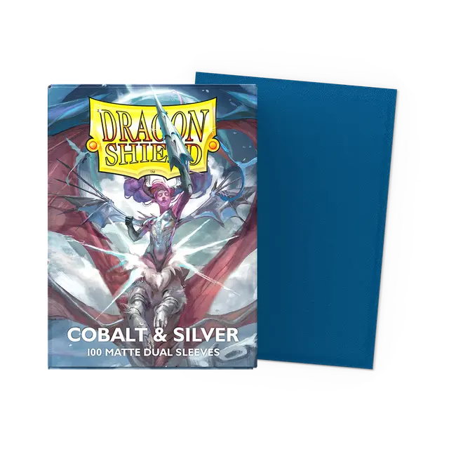 Dragon Shield cobalt and silver dual matte standard card sleeves, featuring a sleek design suitable for collectible card games.