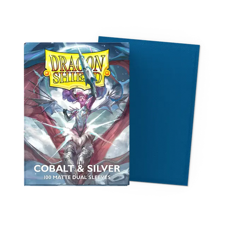 Dragon Shield cobalt and silver dual matte standard card sleeves, featuring a sleek design suitable for collectible card games.