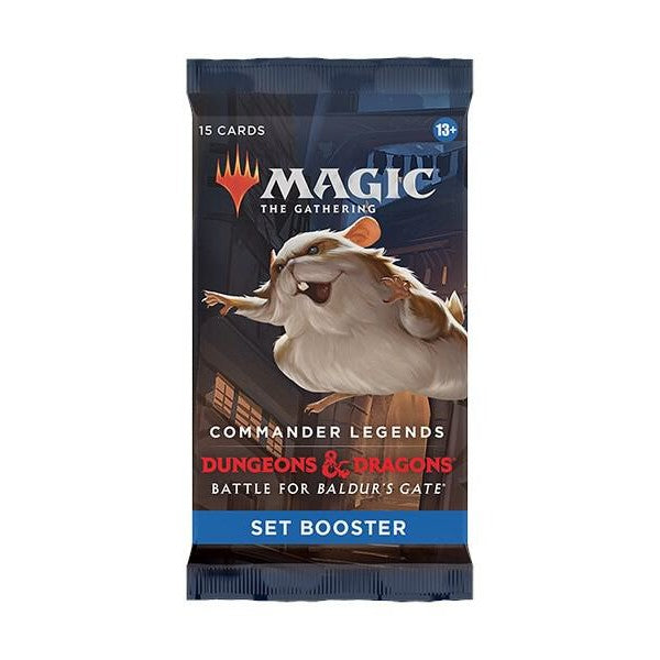 A Wizards of the Coast Commander Legends: Battle for Baldur's Gate set booster pack featuring fantasy-themed card artwork.