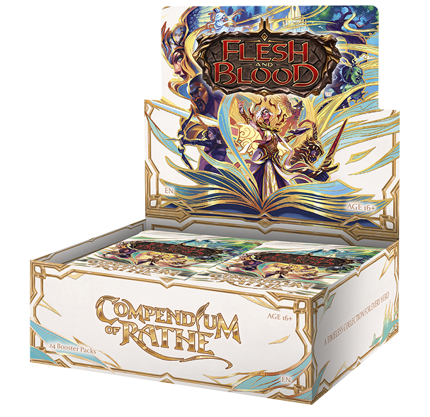 Flesh and Blood Compendium of Rathe booster box of collectible trading cards from Legends Story Studios, featuring vibrant artwork.