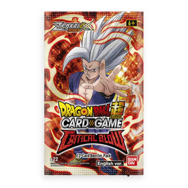 Bandai Dragon Ball Super Critical Blow Booster Pack featuring colorful trading cards and character artwork.