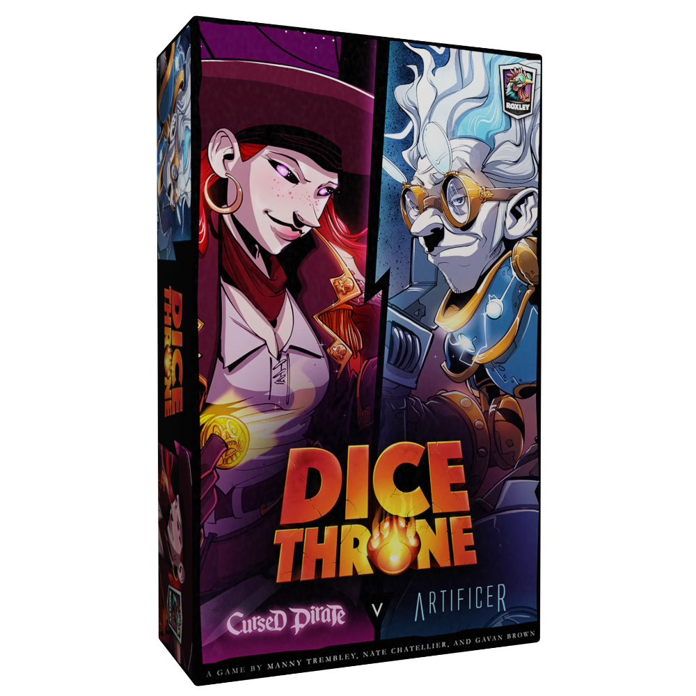 Cursed Pirate and Artificer characters from Dice Throne game by Roxley, featuring detailed game miniatures and vibrant artwork.
