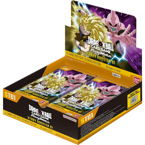 Bandai Dragon Ball Super Story Booster 01 booster box with colorful card packs and character artwork displayed.