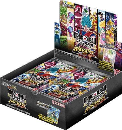 Bandai Dragon Ball Masters: History of Z Booster Box B27 with colorful trading cards displayed in the image.