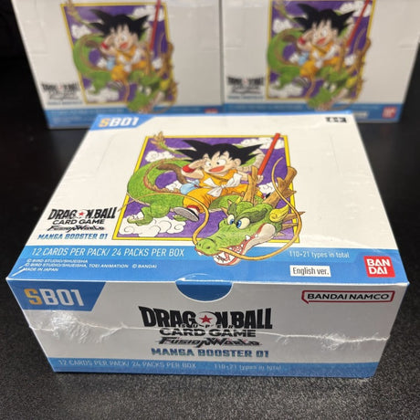 Bandai Dragon Ball Super manga booster box 01 with colorful Dragon Ball Super character illustrations on the packaging