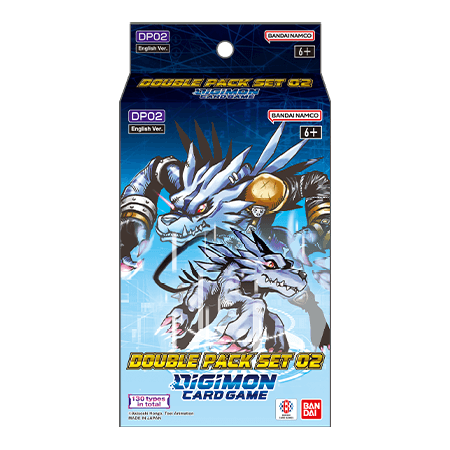 Two Digimon TCG cards from the Bandai Exceed Apocalypse Double Pack DP02 set, featuring vibrant artwork and game details.
