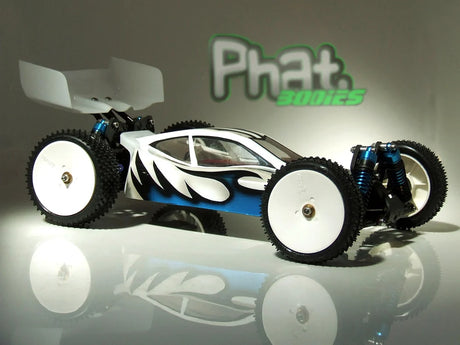 RC car body by Phat Bodies with a bolt design, designed for 190mm wheelbase buggy, shown on a black background.