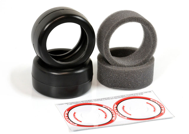 Exotek Racing F1 1/10 front rubber tires V2 36X with double red-soft compound for RC car racing, shown mounted on wheel.