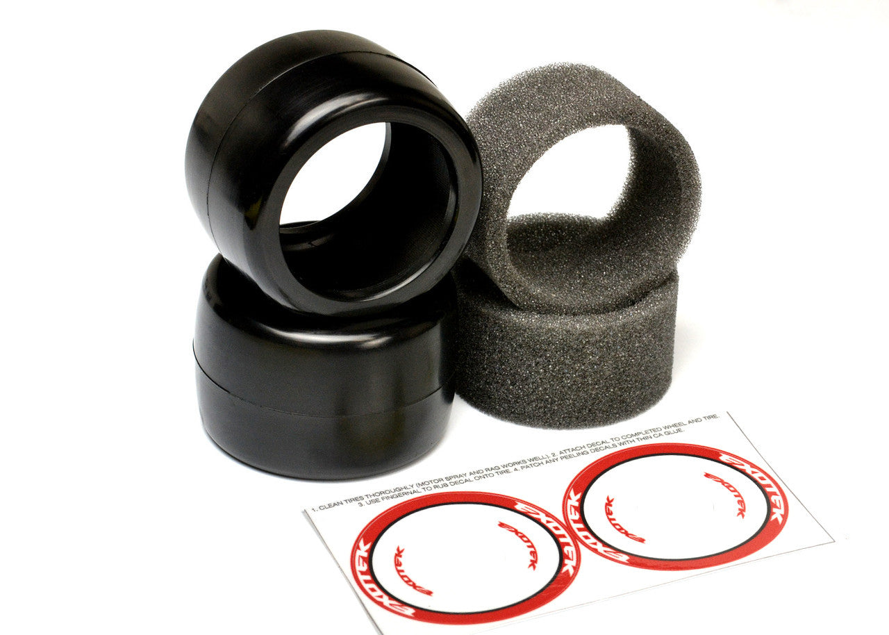 Exotek Racing F1 1/10 RC car rear rubber tires 28X Double Red-Super Soft, showing textured tread and sidewall details