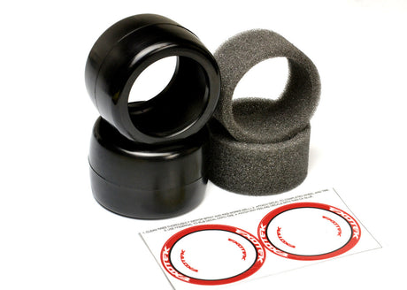 Exotek Racing F1 1/10 rear rubber tires 33X in red soft compound, designed for RC car racing, shown in the image.