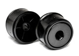 Pair of Exotek Racing F1 1/10 scale front disk wheels for RC car tires, shown on a remote control car.