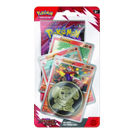 Pokémon TCG Destined Rivals Checklane Blister Pack showing assorted Pokémon cards and packaging with vibrant artwork.