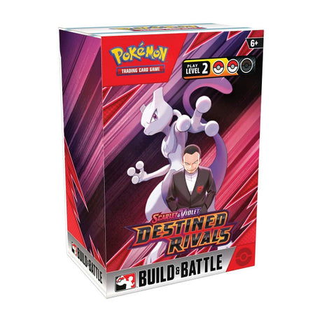 Pokémon Destined Rivals Build & Battle Box for Pokémon TCG featuring cards and accessories in a colorful display.
